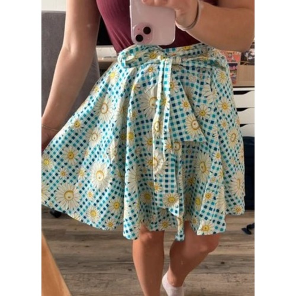 Hell Bunny Daisy Gingham Blue White Floral Tie Waist Mini‎ Skirt XS